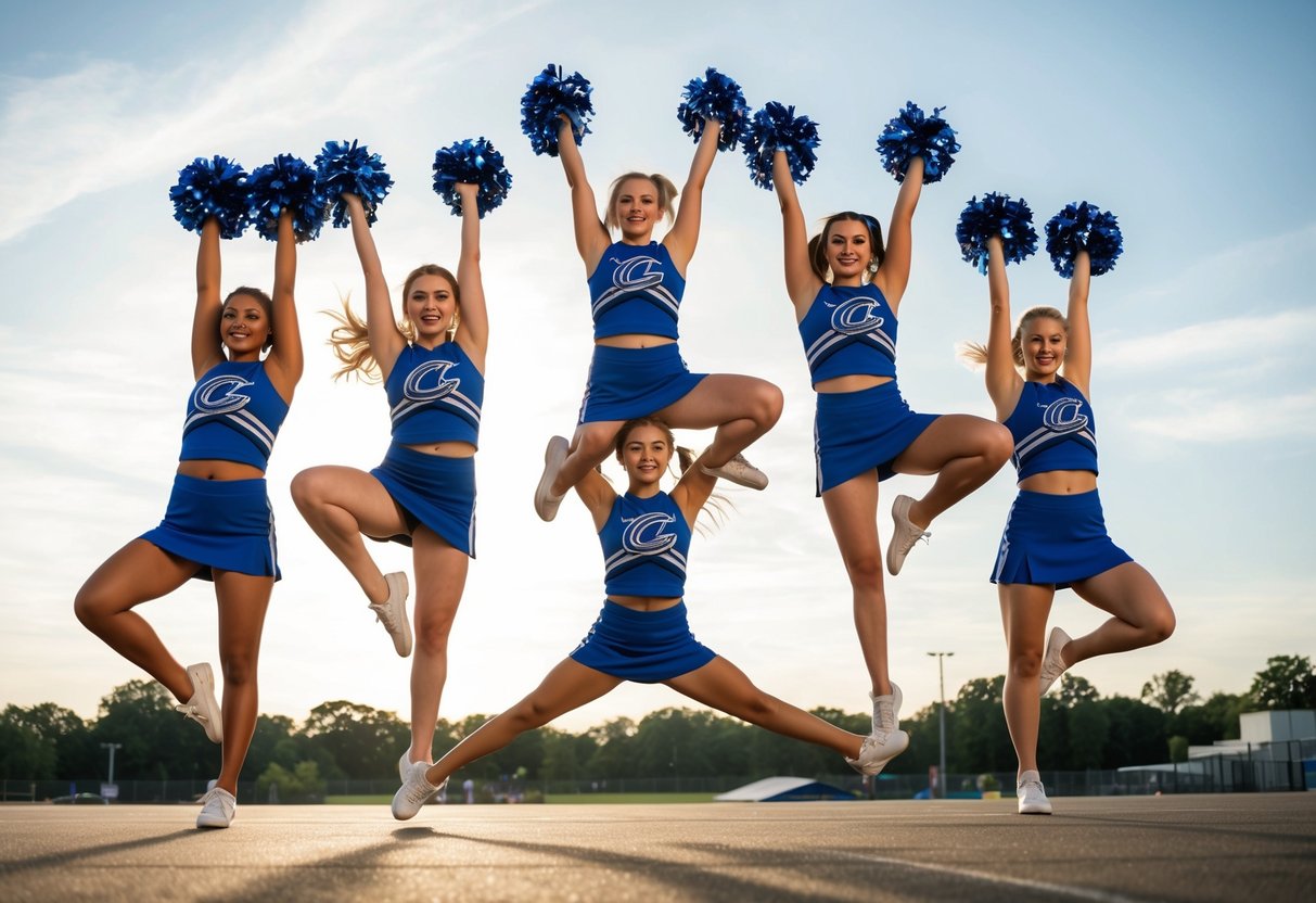 A group of cheerleading poses showcasing various jumps, kicks, and stunts