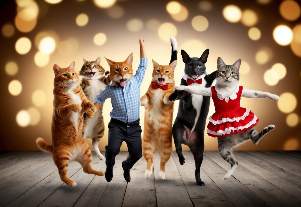 A group of playful animals engage in comical activities, such as dancing, jumping, and playing dress-up, all captured on video