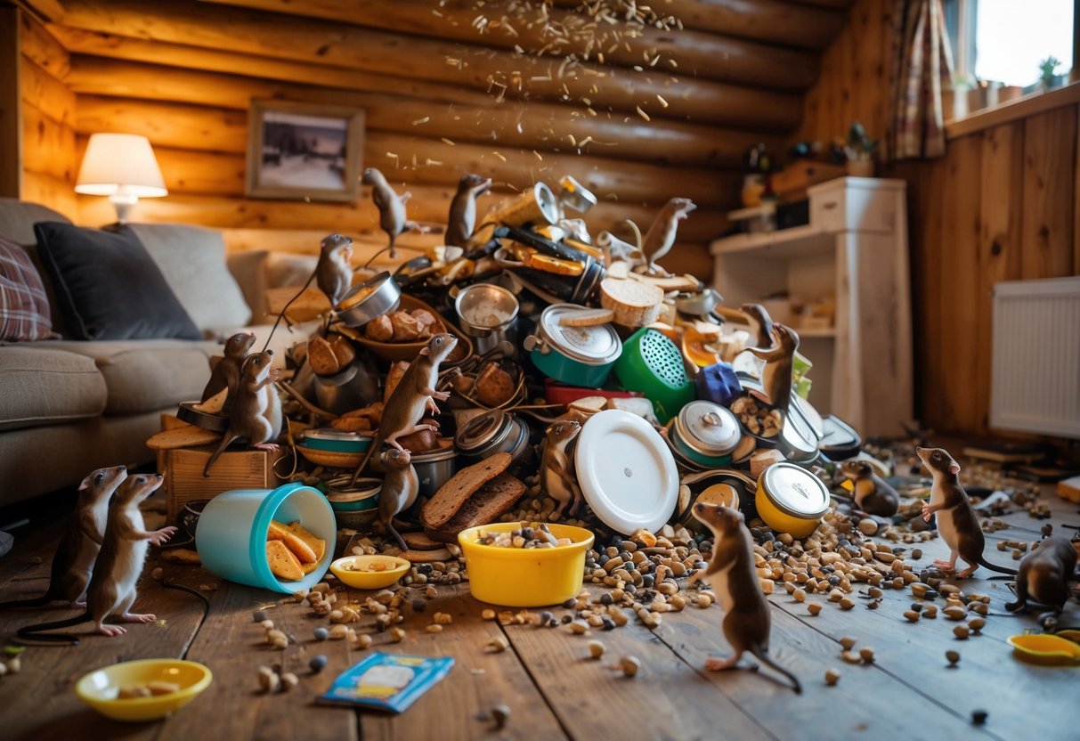 A chaotic pile of overturned items, scattered food, and mischievous lemmings causing mayhem in a cozy log cabin