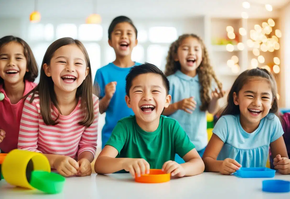 A group of playful children laughing and engaging in silly activities, creating a lighthearted and joyful atmosphere