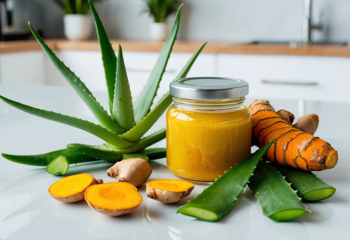 A glass jar of turmeric and aloe vera gel sits on a clean, white countertop, surrounded by fresh green aloe vera leaves and vibrant yellow turmeric roots