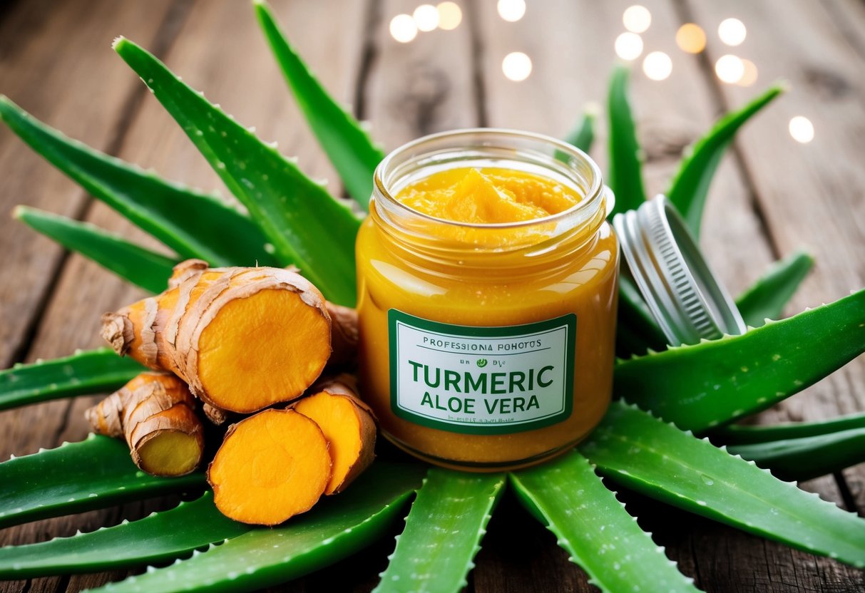 A jar of turmeric and aloe vera gel surrounded by vibrant turmeric roots and lush aloe vera leaves