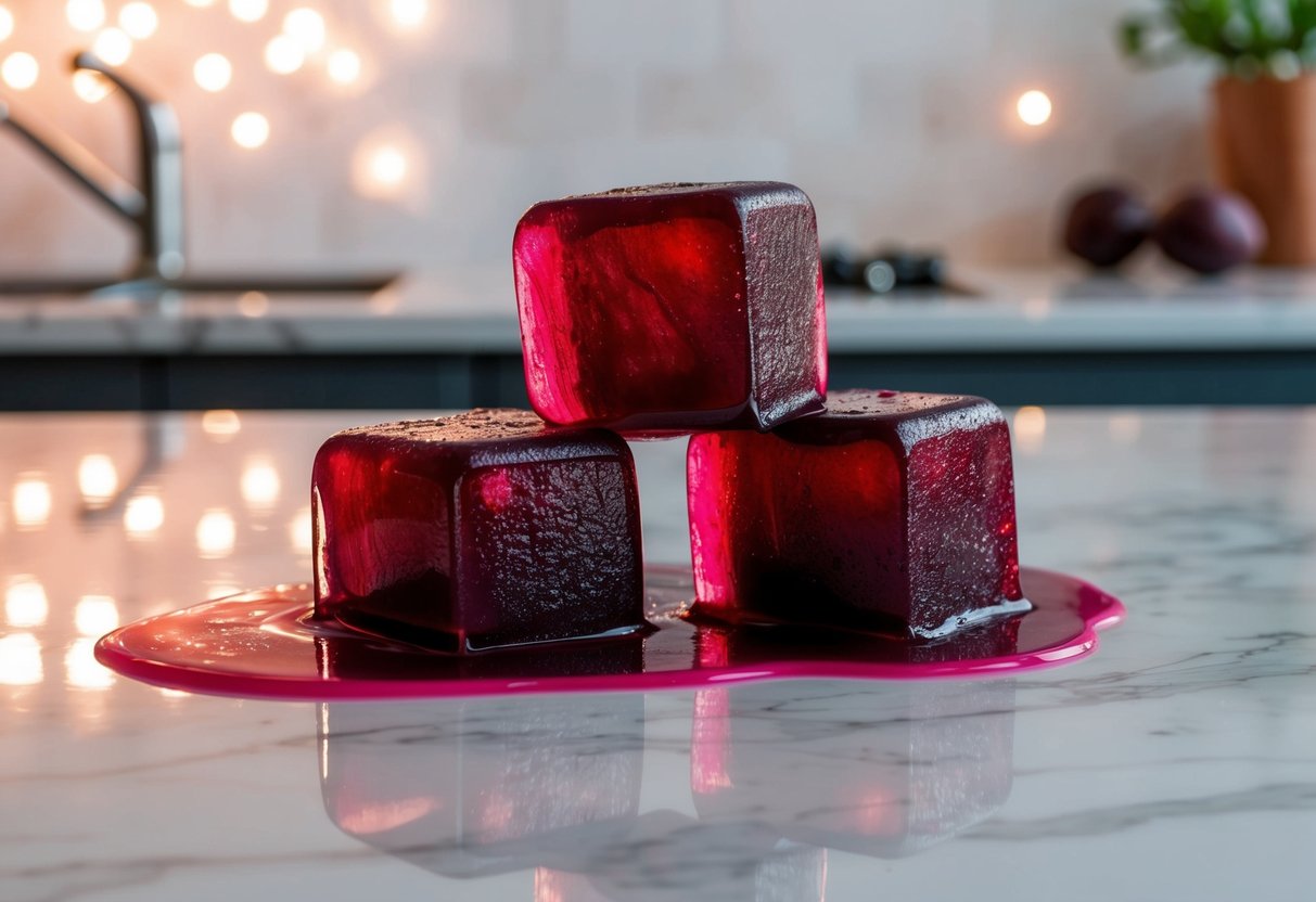 Beetroot ice cubes melting on a marble countertop, emitting a soft pink glow