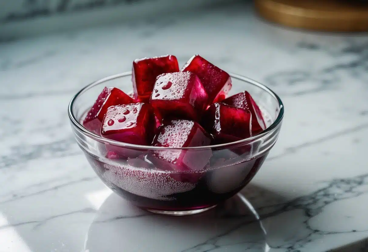 A glass bowl filled with freshly made beetroot ice cubes, glistening with condensation, placed on a marble countertop