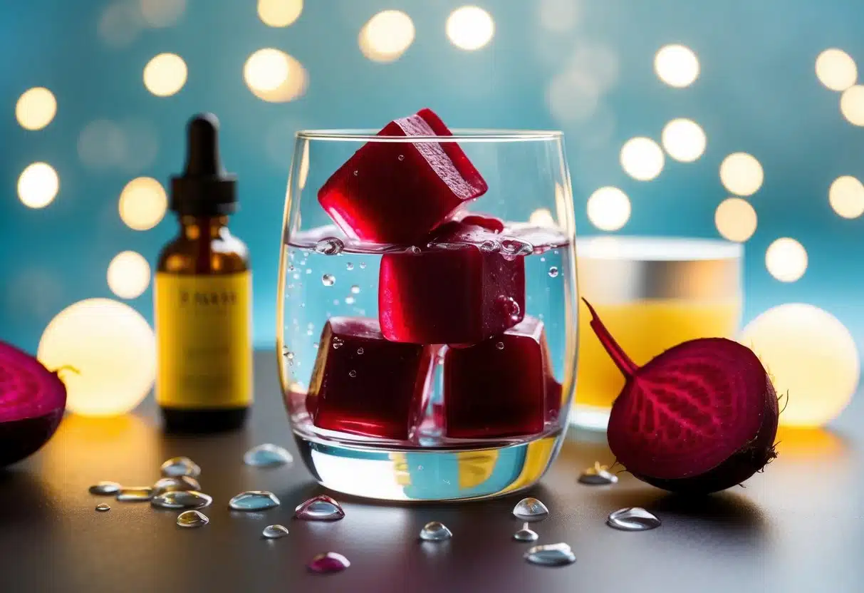 A glass of water with beetroot ice cubes surrounded by glowing skin products