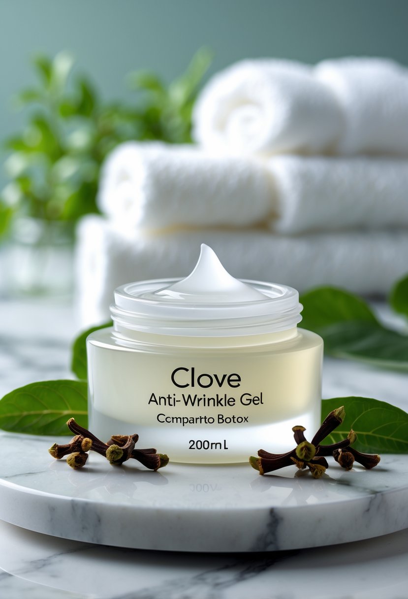 A glass jar of clove anti-wrinkle gel surrounded by clove buds and leaves on a marble surface with a blurred spa background.