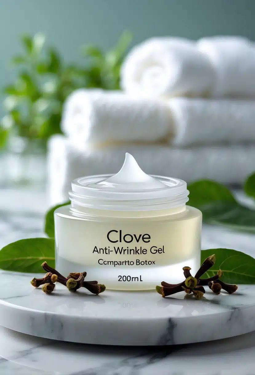 A glass jar of clove anti-wrinkle gel surrounded by clove buds and leaves on a marble surface with a blurred spa background.