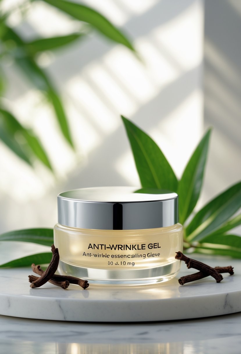 A glass jar of anti-wrinkle gel surrounded by fresh cloves on a white marble surface with green leaves in the background.