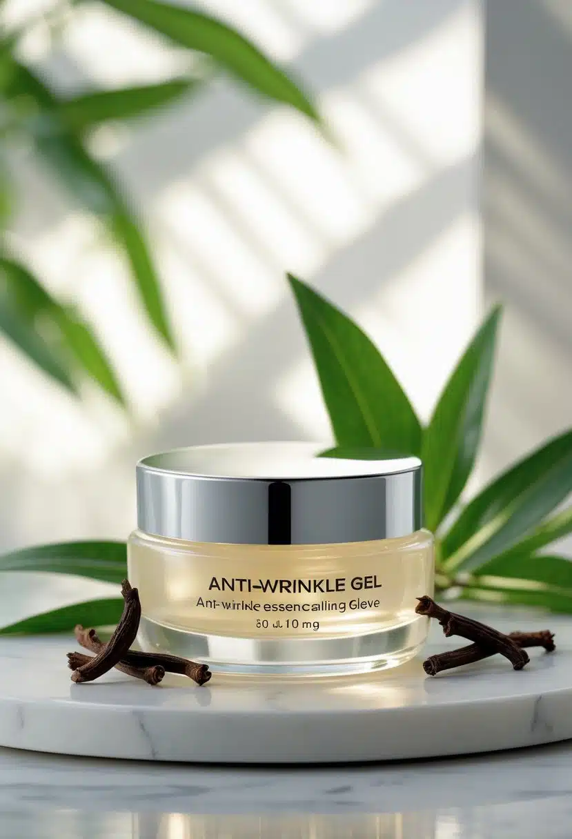 A glass jar of anti-wrinkle gel surrounded by fresh cloves on a white marble surface with green leaves in the background.