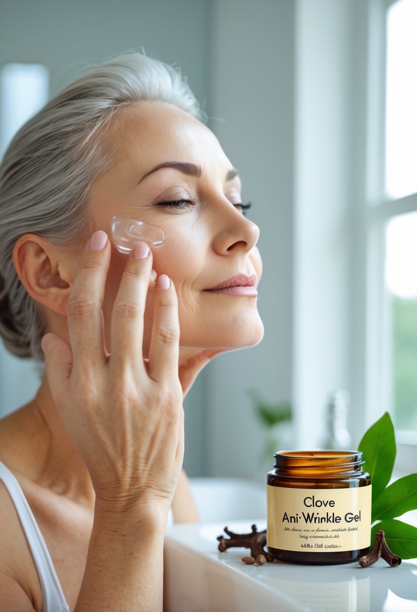 A middle-aged woman applying clear gel to her face in a bright bathroom with natural light and cloves on the countertop.