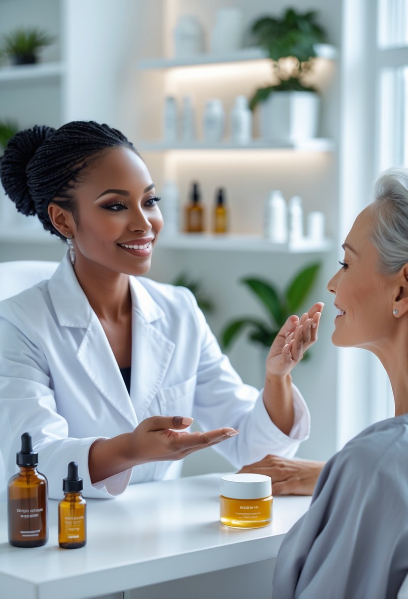 A dermatologist explains natural anti-wrinkle gel to a middle-aged woman in a bright skincare clinic.