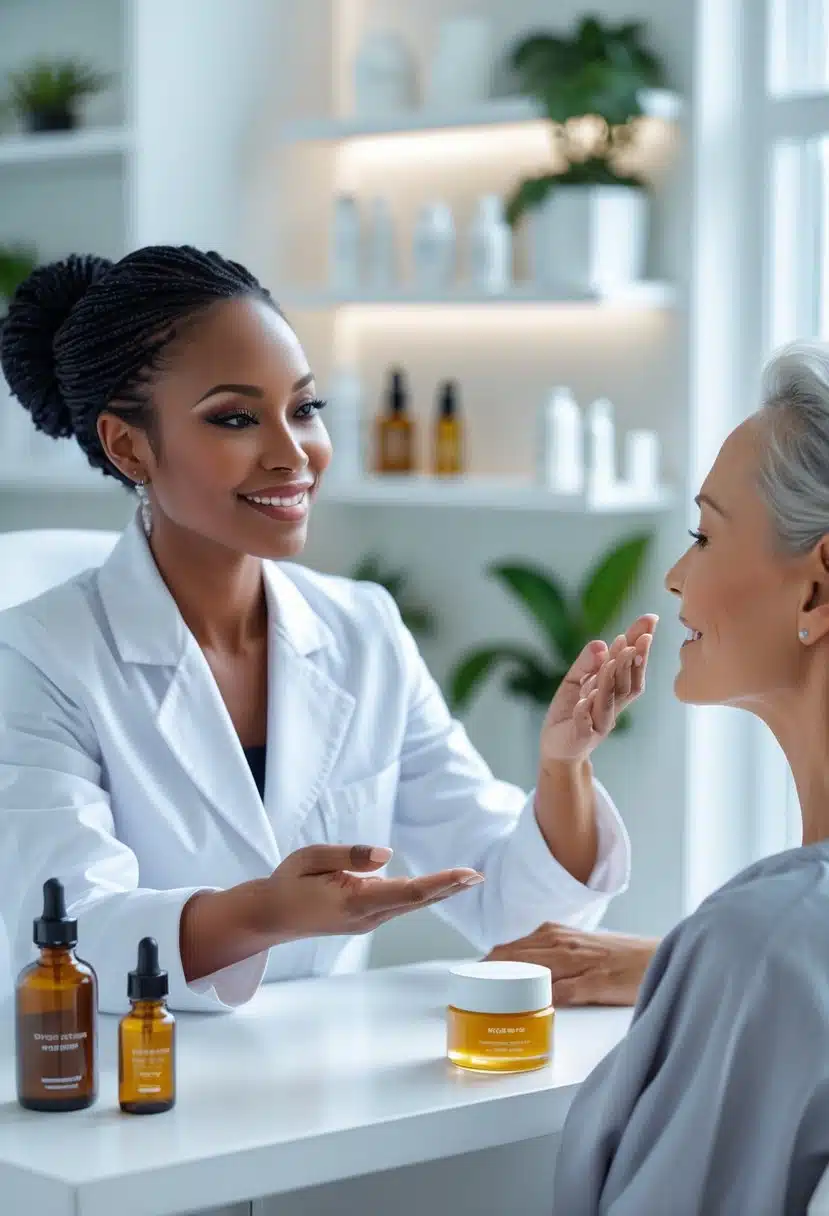 A dermatologist explains natural anti-wrinkle gel to a middle-aged woman in a bright skincare clinic.