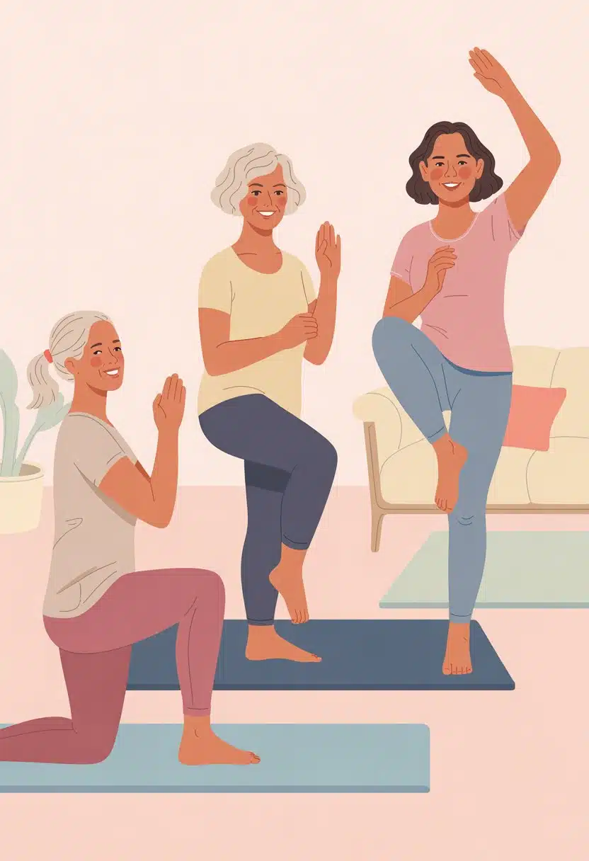 Three midlife women doing gentle exercises on yoga mats in a cozy, softly lit room with minimal furniture.