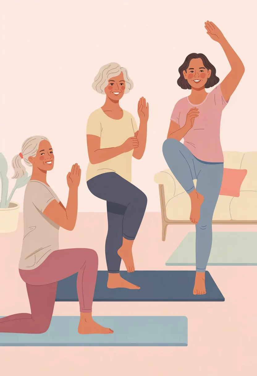 Three midlife women doing gentle exercises on yoga mats in a cozy, softly lit room with minimal furniture.