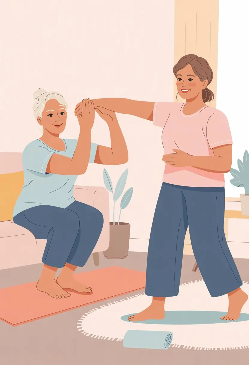 Two women in comfortable clothing doing gentle exercises in a cozy, sunlit room with minimal furniture and plants.